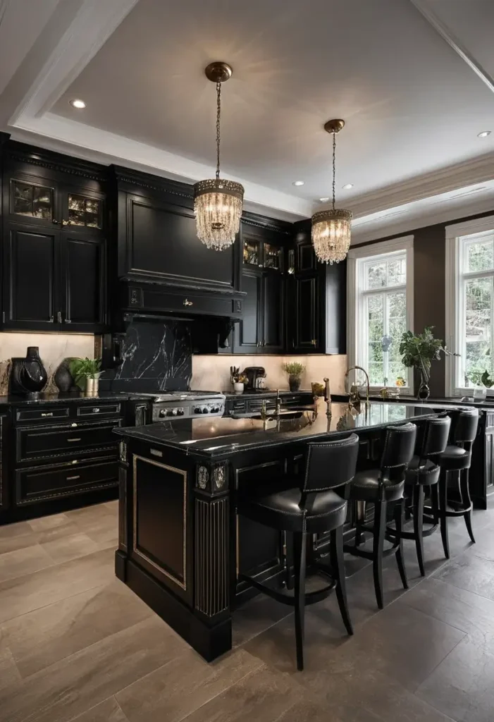 Luxury black kitchen with crystal chandeliers, gold accents, polished island, and upholstered bar stools for a glamorous and functional design.