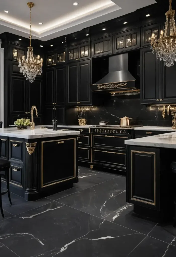 Luxury black kitchen with gold accents, marble countertops, detailed range hood, and chandeliers for a regal design.