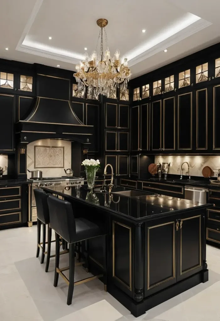 Luxury black kitchen with gold-trimmed cabinetry, crystal chandelier, polished island, and intricate range hood for a sophisticated design.