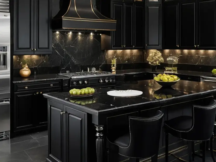 Luxury black kitchen with a gold-trimmed range hood, ornate chandelier, and polished stone surfaces for an elegant design. Feature image.