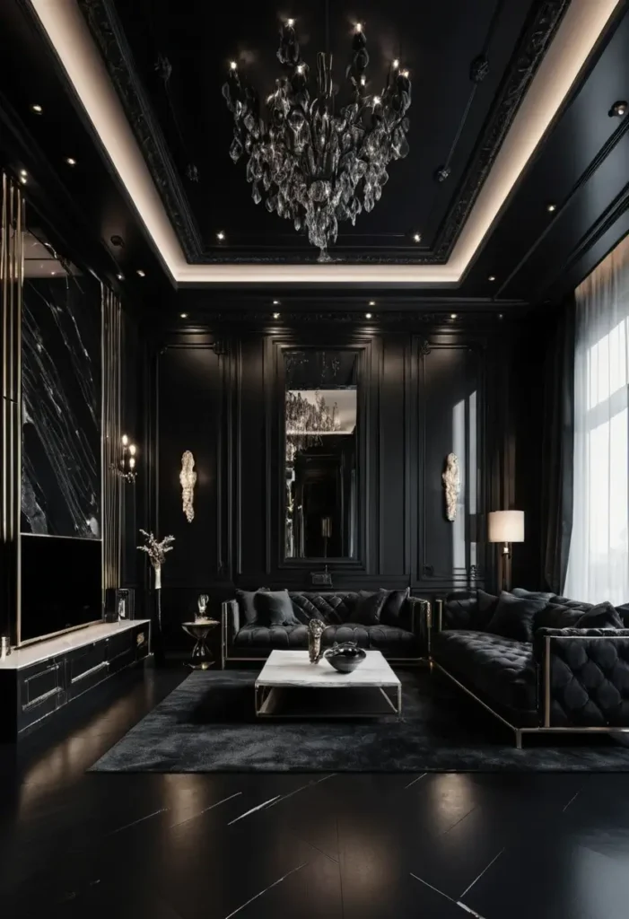 Luxurious black living room with tufted velvet sofas, crystal chandelier, marble coffee table, and golden accents.