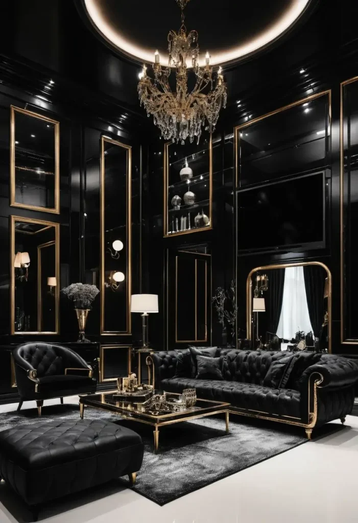 Elegant black and gold living room with tufted furniture, crystal chandelier, gilded wall panels, and plush textures.