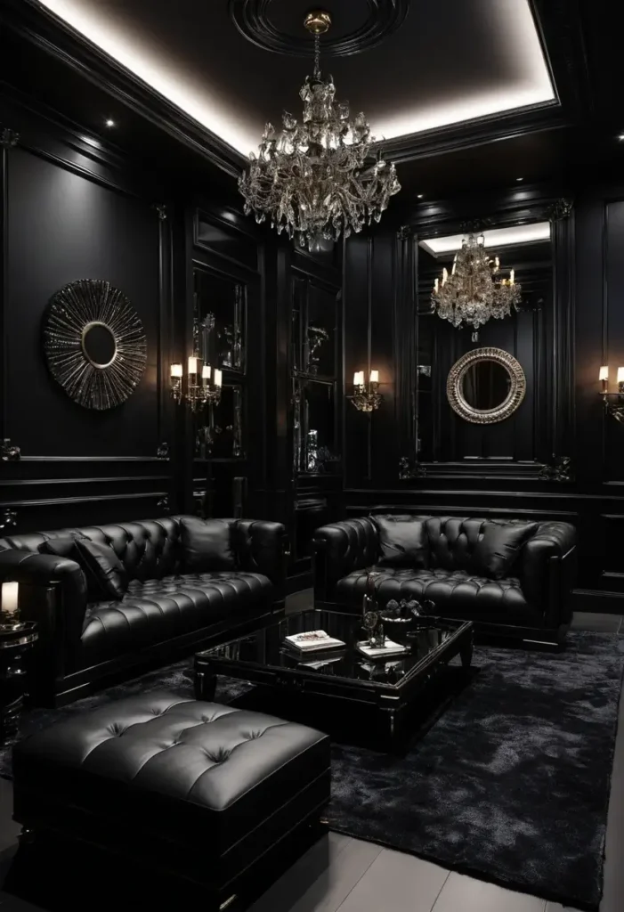 Luxurious black living room with leather sofas, crystal chandeliers, mirrored accents, and a tufted ottoman on a plush black rug.