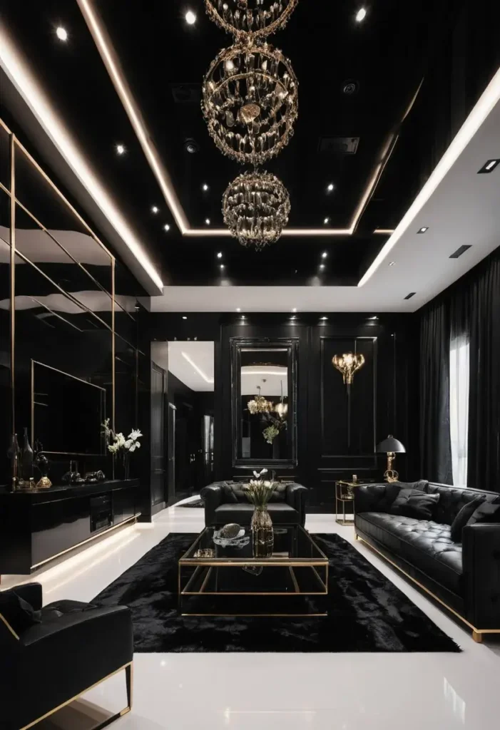 Modern black living room with gold accents, layered chandeliers, gold-trimmed coffee table, and sleek furniture on a plush black rug.