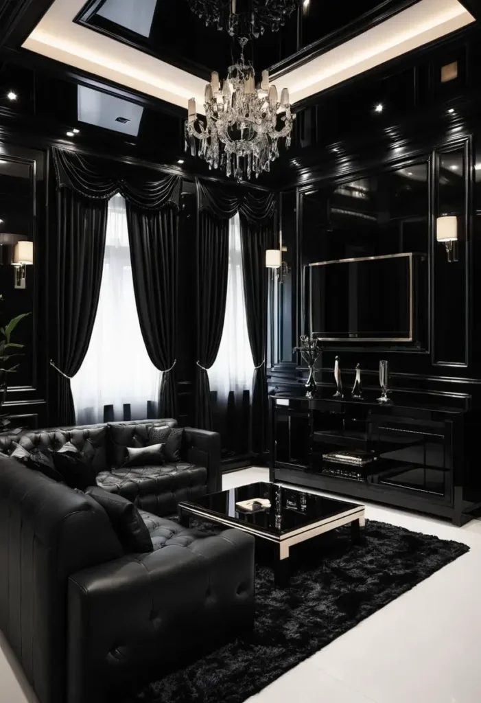 Luxury black living room with tufted sofa, dramatic draped curtains, crystal chandelier, and sleek furniture on a plush black rug.