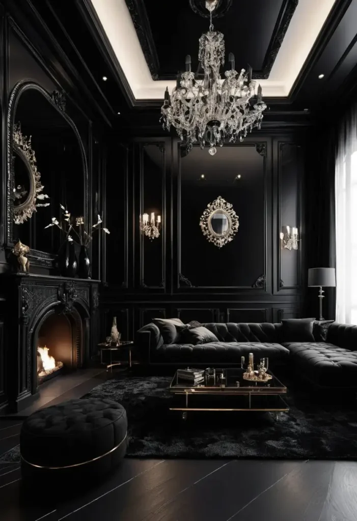 Luxury black living room with ornate fireplace, tufted sectional sofa, crystal chandelier, and gold-accented furniture on a plush black rug.