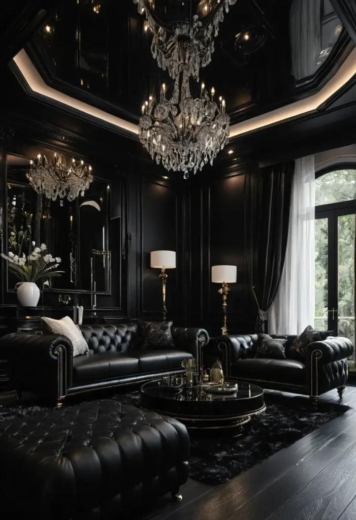 Elegant black living room with Chesterfield sofas, crystal chandelier, gold accents, full-length mirrors, and a plush black rug.