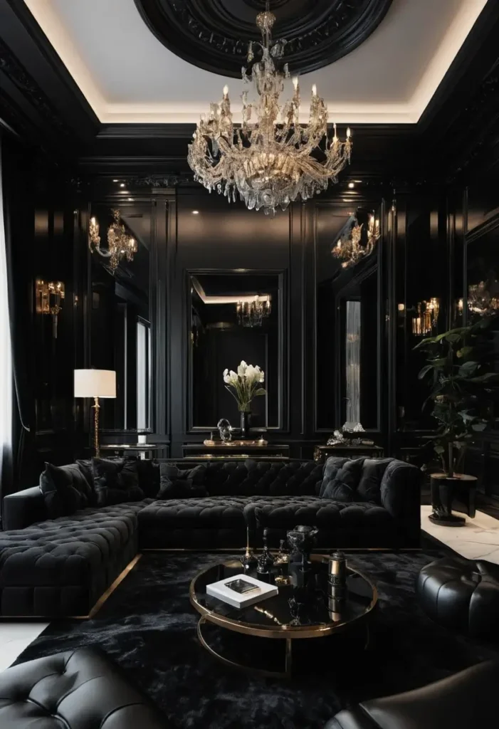 Elegant black living room featuring a tufted sectional sofa, crystal chandelier, mirrored walls, and a gold-accented coffee table.