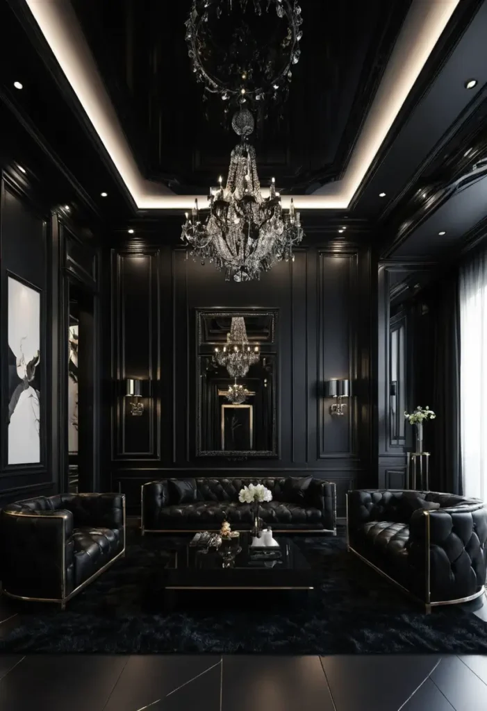 Luxury black living room with crystal chandelier, tufted leather sofas, gold accents, wall art, and full-length mirrors.