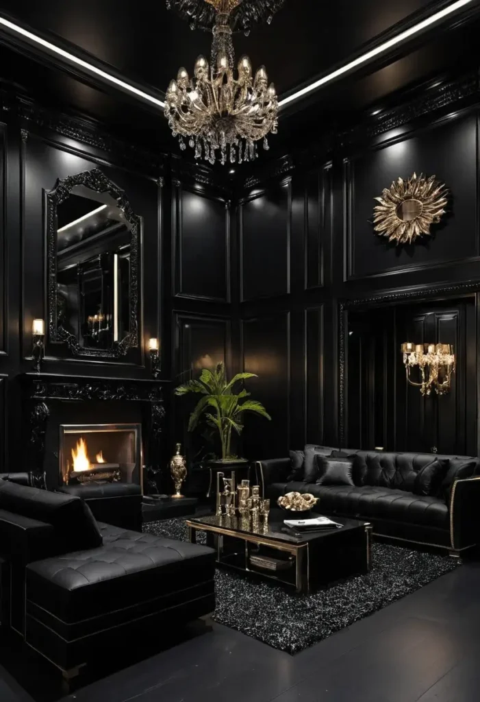 Luxury black living room with fireplace, tufted seating, crystal chandelier, gold accents, and a textured rug.