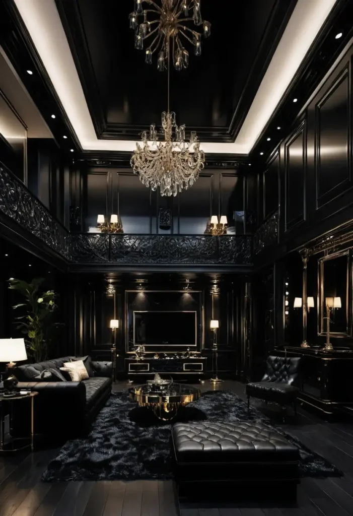 Luxurious black living room with a crystal chandelier, lofted ceiling, tufted seating, gold accents, and intricate balcony railing.