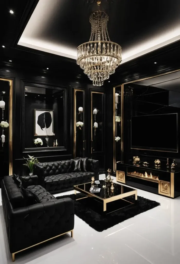 Elegant black living room with tufted sofas, crystal chandelier, gold accents, modern artwork, and a sleek fireplace.