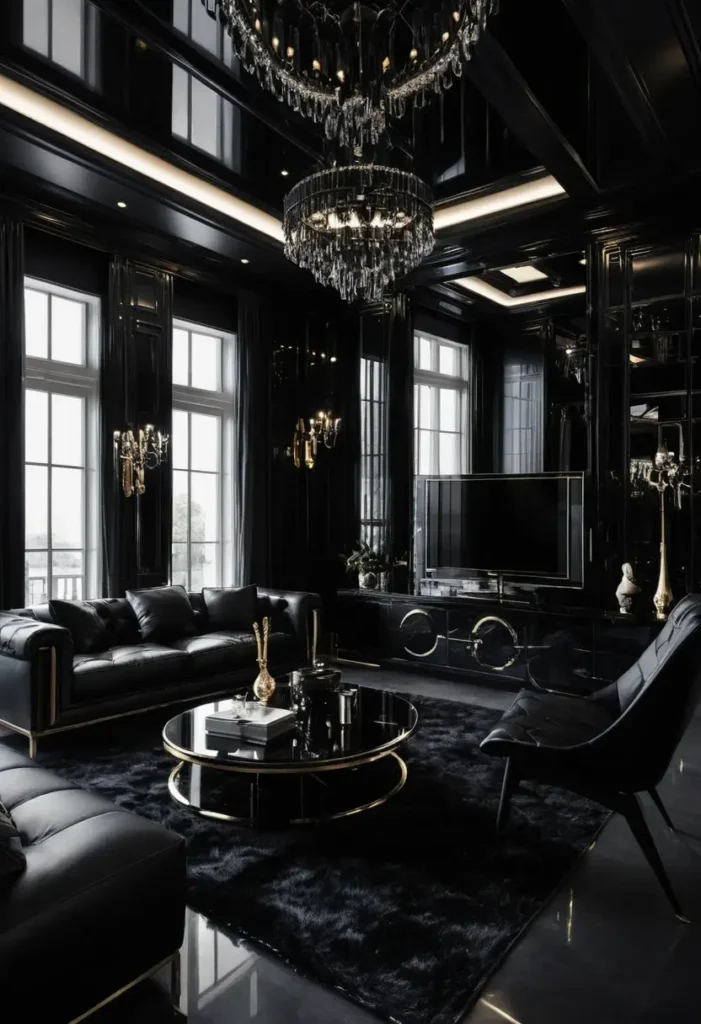 Black living room with floor-to-ceiling windows, crystal chandelier, gold-accented furniture, and a sleek entertainment console.