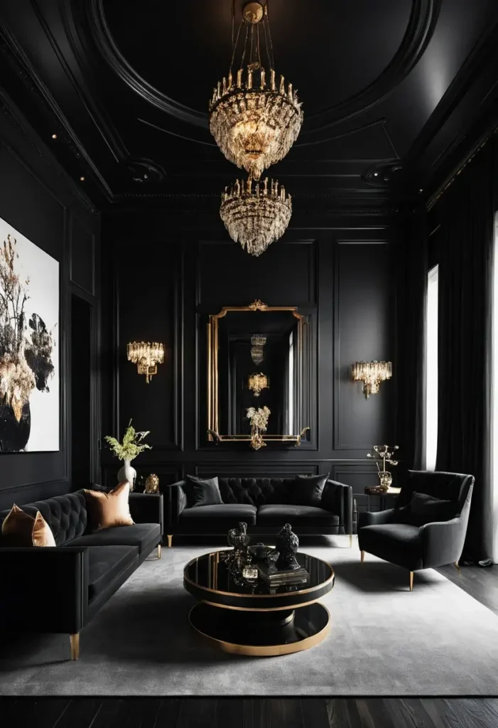 Luxury black living room with tufted sofas, crystal chandeliers, gold-accented furniture, gilded mirror, and bold wall art.