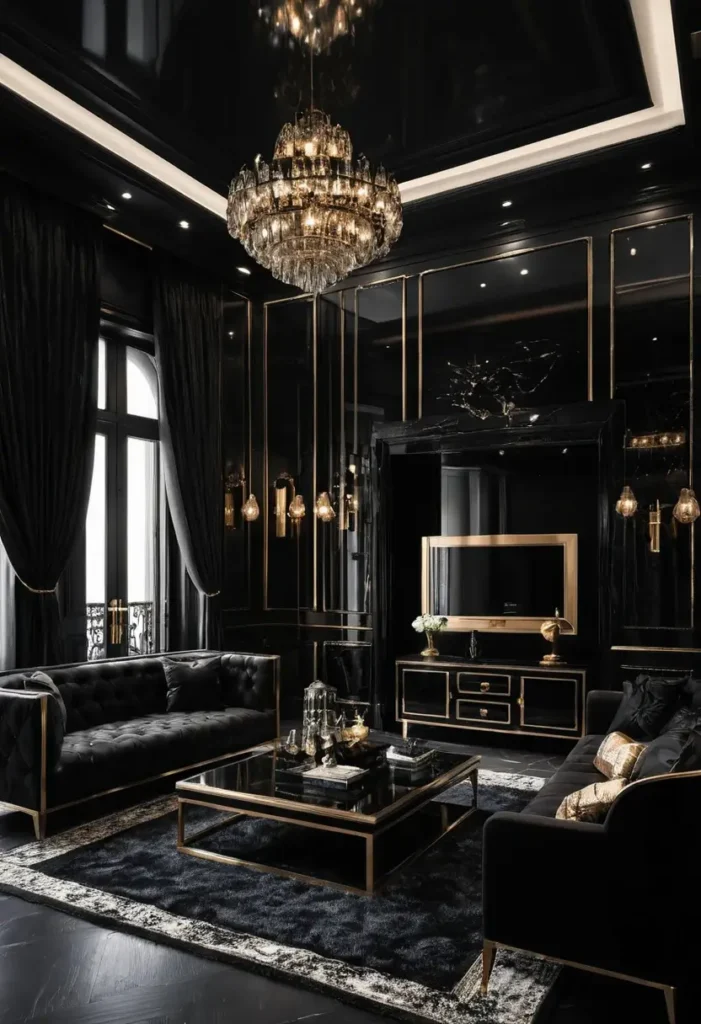 Luxury black living room with crystal chandelier, gold-accented furniture, velvet drapes, mirrored panels, and a textured rug.