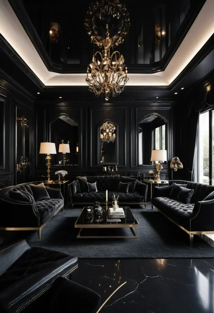 Elegant black living room with tufted sofas, gold accents, chandelier, mirrored panels, and glossy marble flooring.