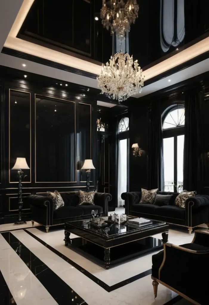 Grand black living room with marble flooring, tufted sofas, crystal chandeliers, gold-detailed furniture, and arched windows.