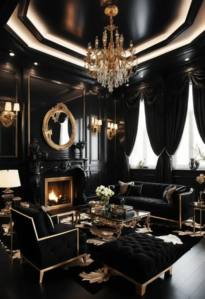 Luxury black living room with chandelier, gilded decor, ornate mirror, fireplace, tufted seating, and draped curtains.