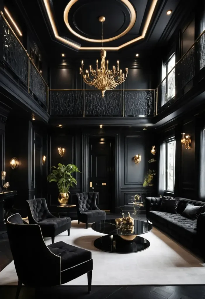 Contemporary black living room with gold chandelier, tufted chairs, plush sofa, white rug, and intricate balcony railing.