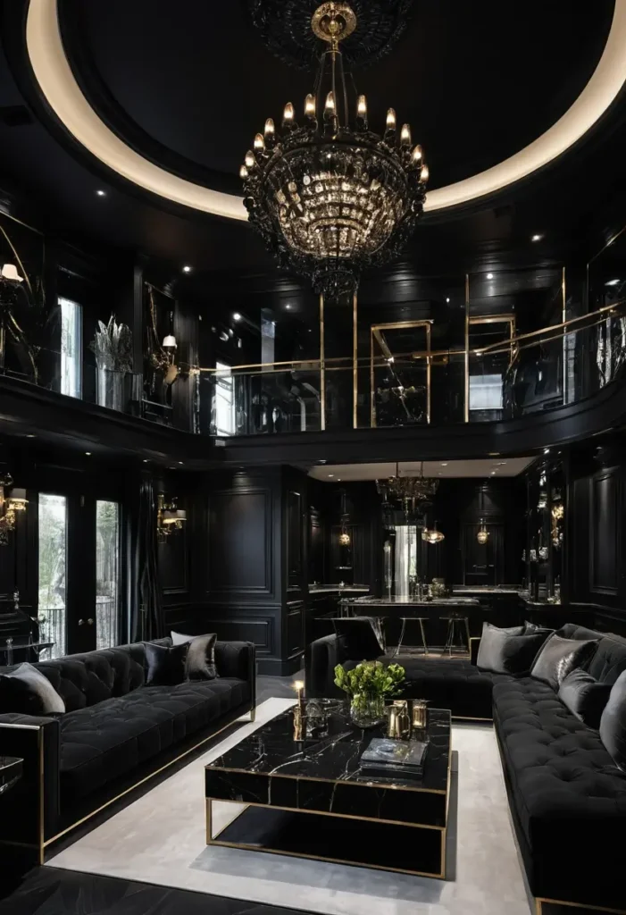 Luxury double-height black living room with a grand chandelier, tufted seating, gold accents, and marble coffee table.