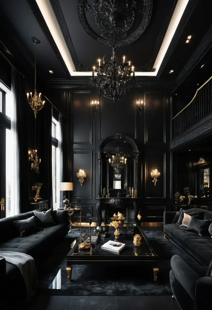 Luxurious black living room with ornate fireplace, chandeliers, gold accents, tufted seating, and tall windows.