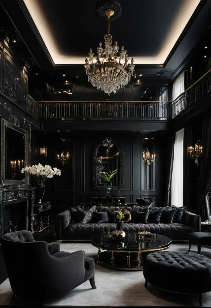 Majestic black living room with crystal chandelier, tufted sectional, gold-accented coffee table, double-height ceiling, and balcony railings.