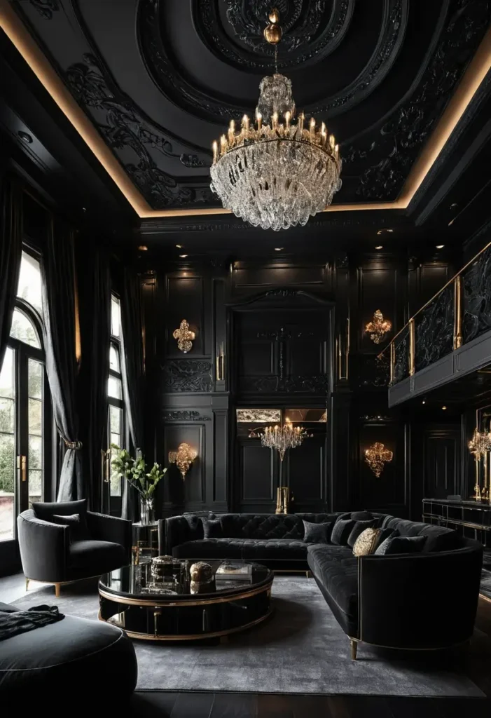 Ornate black living room with an intricate ceiling, crystal chandelier, curved sectional, gold accents, and floor-to-ceiling windows.