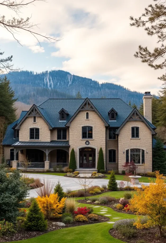 Luxury stone country house with gabled roof and landscaped garden amidst mountain views.