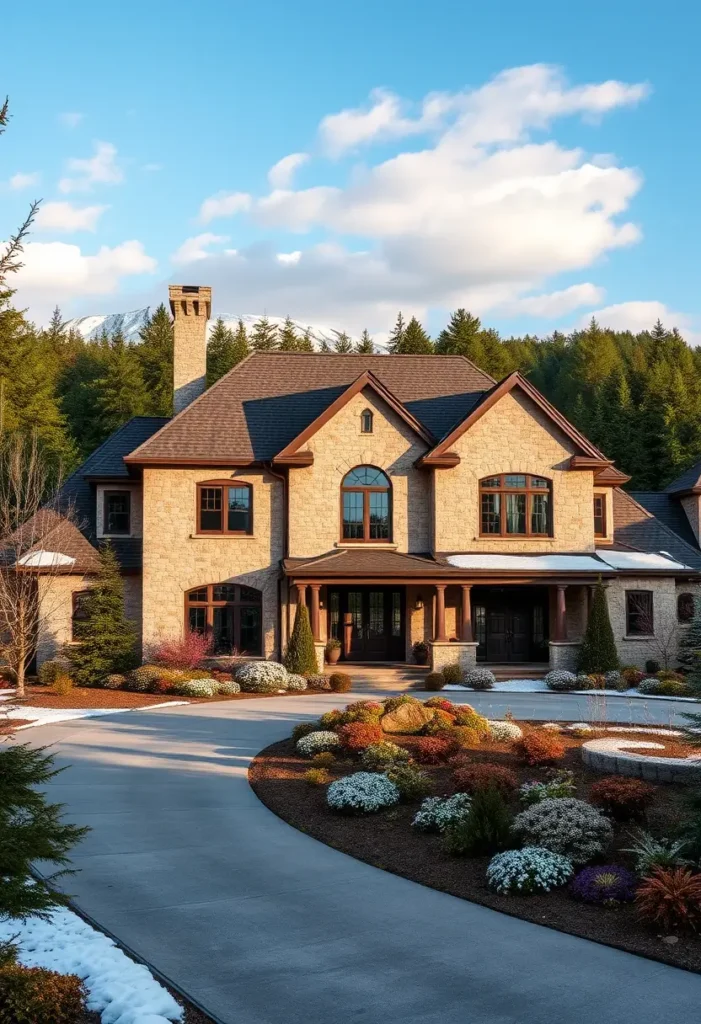 Luxury stone country house with wooden accents, a grand porch, and vibrant landscaping.