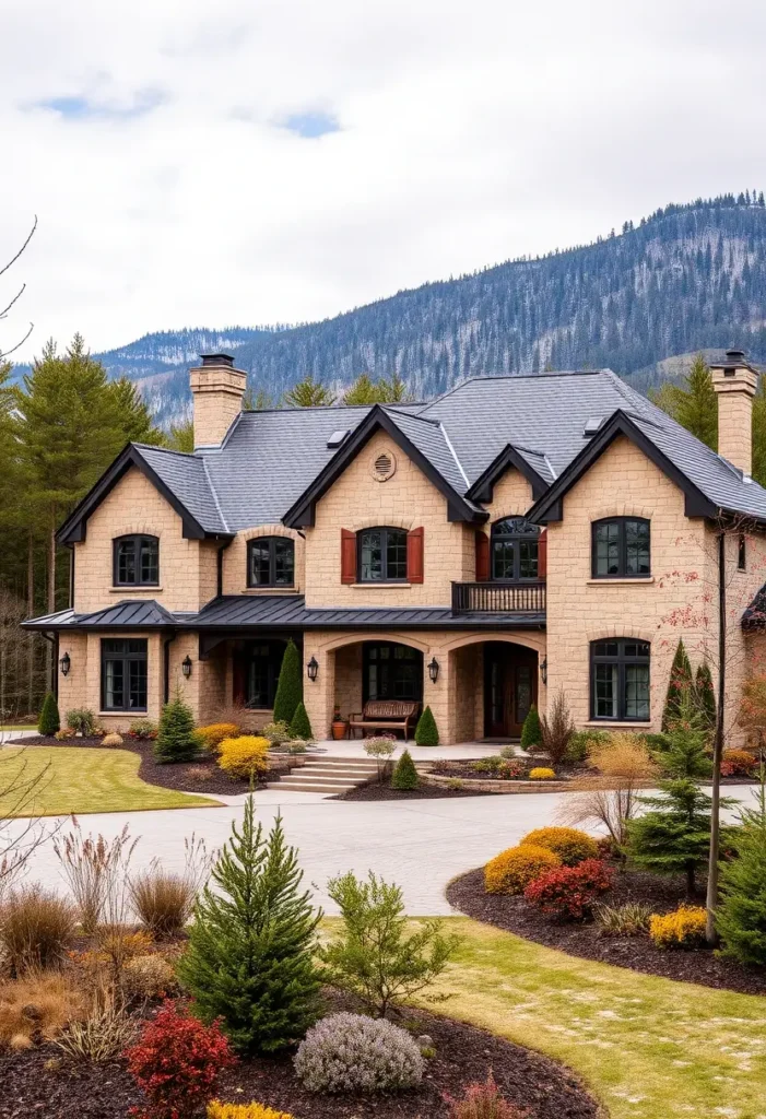 Luxury stone country house with wooden shutters, arched windows, and a mountain backdrop.