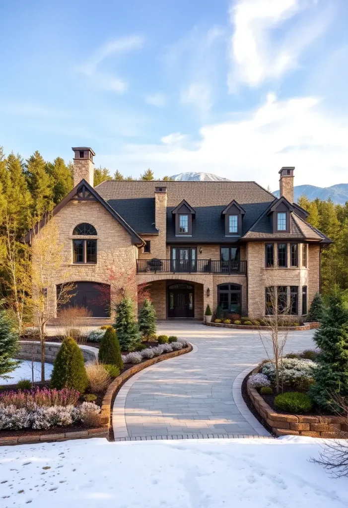 Luxury country manor with dual chimneys, arched design, and an elegant driveway surrounded by landscaping.