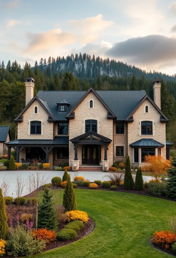 Elegant country house with light stone facade, black accents, and lush landscaping.