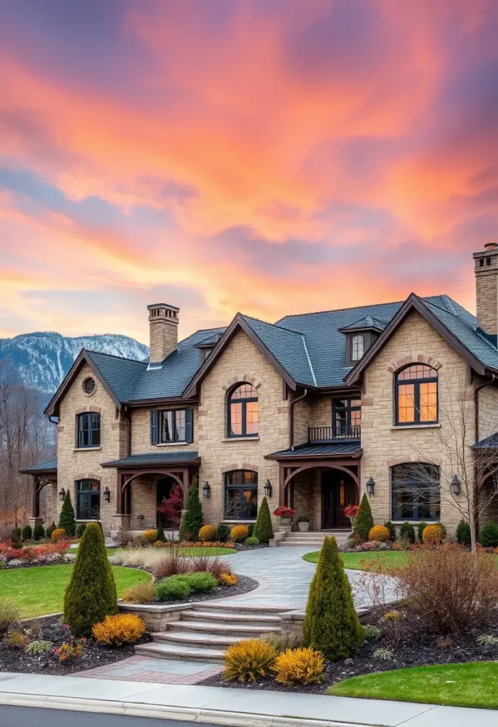 Luxury country house with stone facade, wooden accents, and a stunning sunset backdrop.