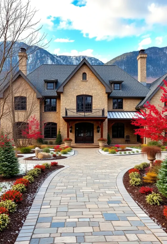 Luxury stone country house with vibrant landscaping, paved walkway, and mountain backdrop.