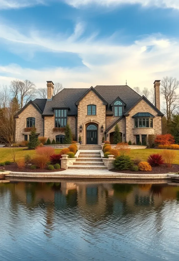 Luxury stone country house with arched windows, a lakeside setting, and vibrant landscaping.