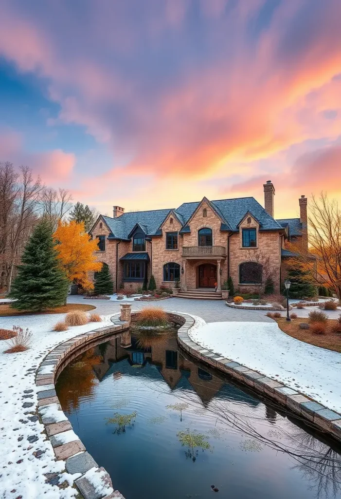 Luxury stone country house with a reflective pond, snow-dusted landscaping, and sunset sky.