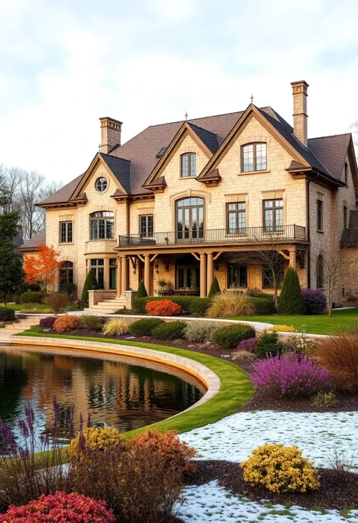 Luxury country estate with stone facade, vibrant landscaping, and a lakeside view.