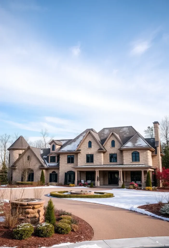 Luxury stone country estate with a tower detail, circular driveway, and snow-dusted landscaping.