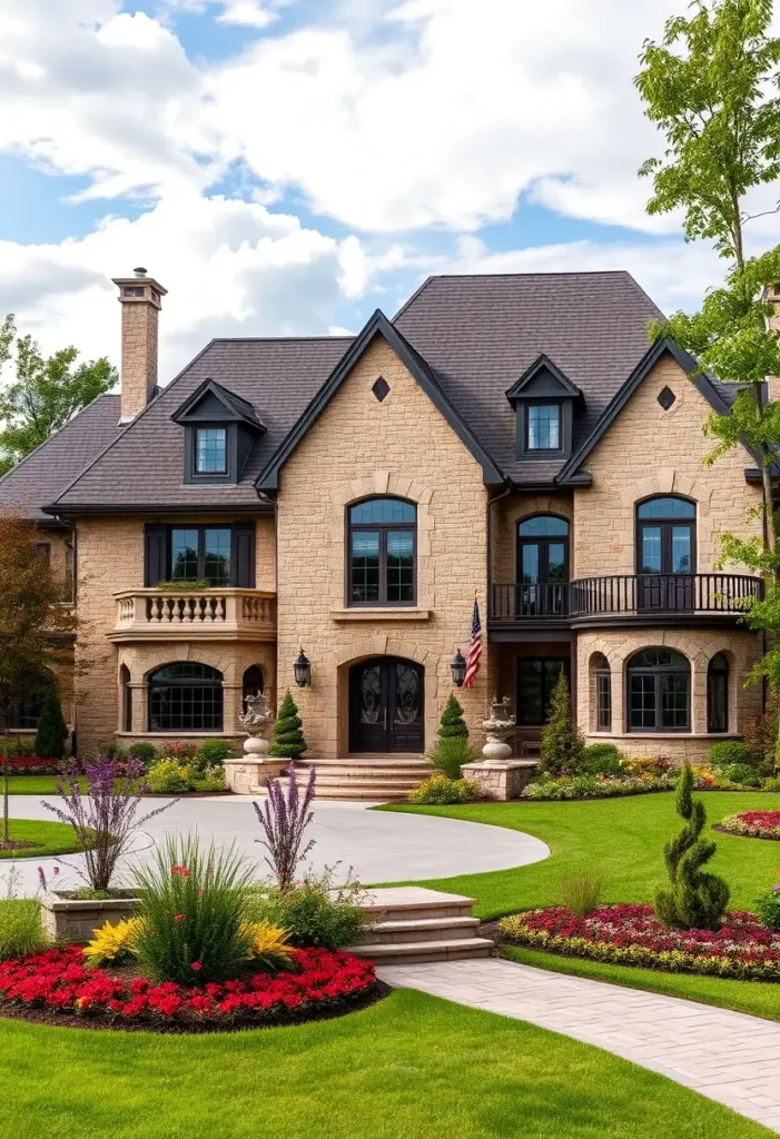 Luxury country house with arched windows, balcony, and vibrant landscaping.