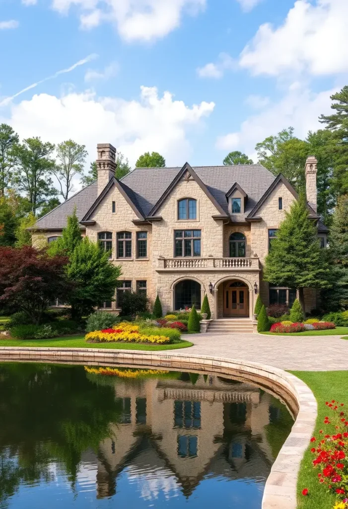 Luxury country home with stone facade, lakeside view, and vibrant floral landscaping.