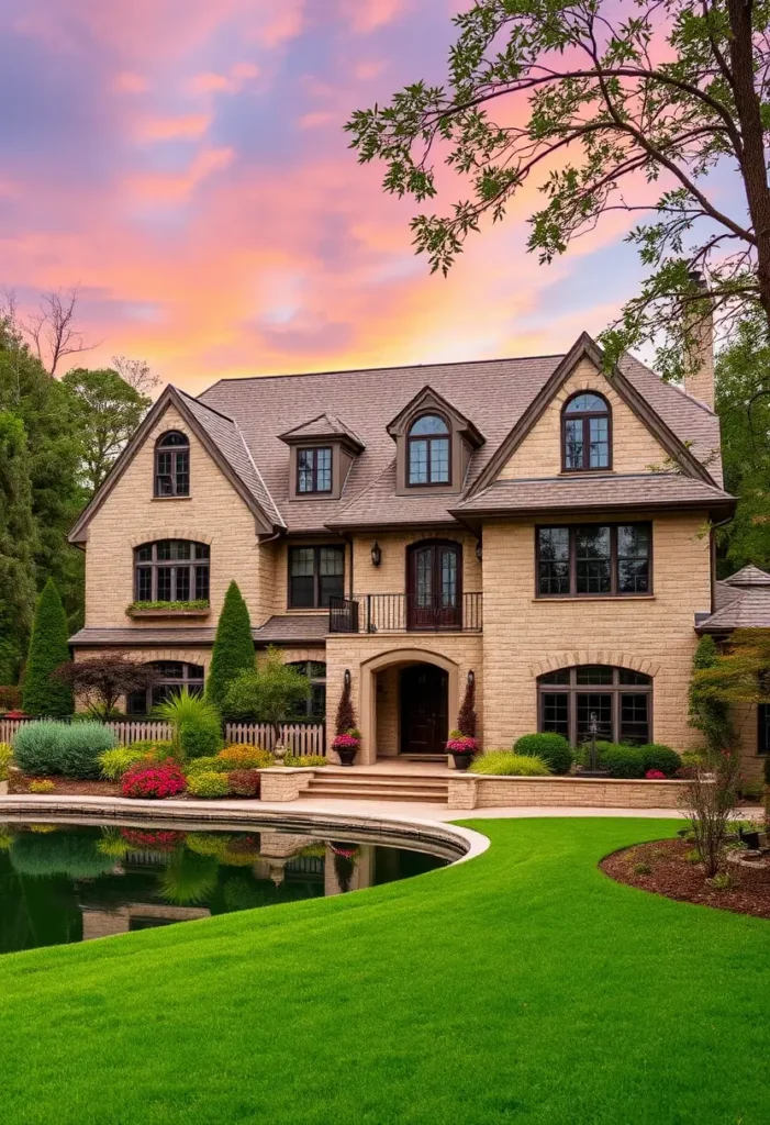 Luxury stone country house with a sunset backdrop, pond, and vibrant landscaping.