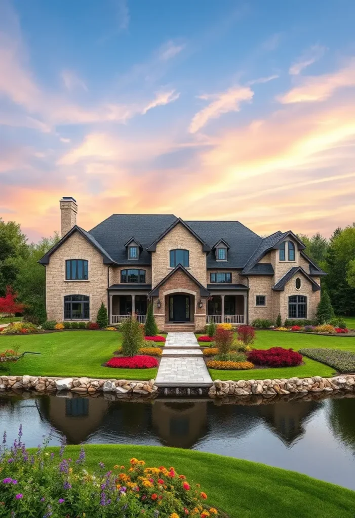 Luxury stone country home with vibrant landscaping, stream, and sunset backdrop.