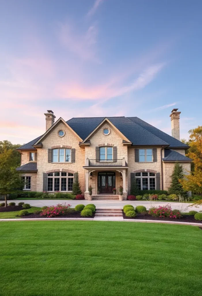 Elegant stone country house with symmetrical design, shutters, and sunset backdrop.