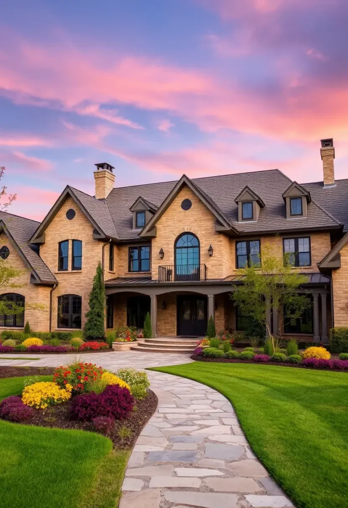 Elegant country house with stone facade, lush landscaping, and a vibrant sunset sky.