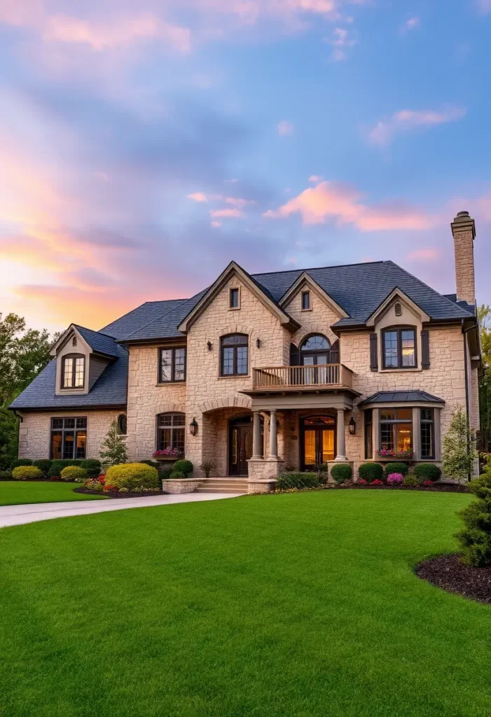 Luxury stone country house with a balcony, soft lighting, and a sunset sky.