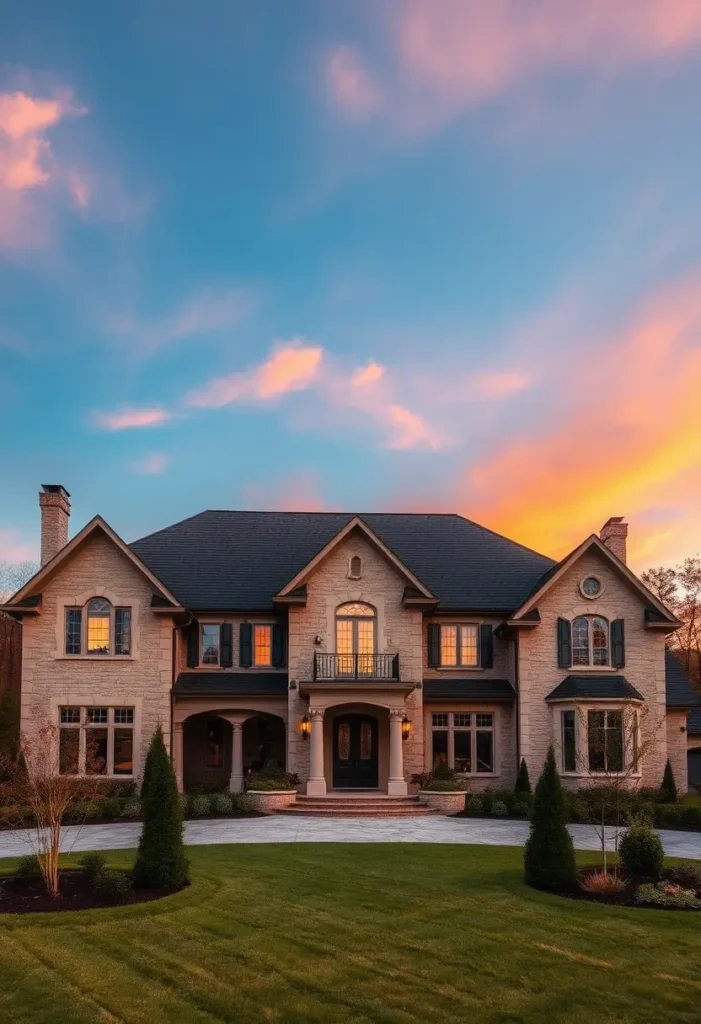 Luxury country house with stone facade, balcony, and twilight sky.