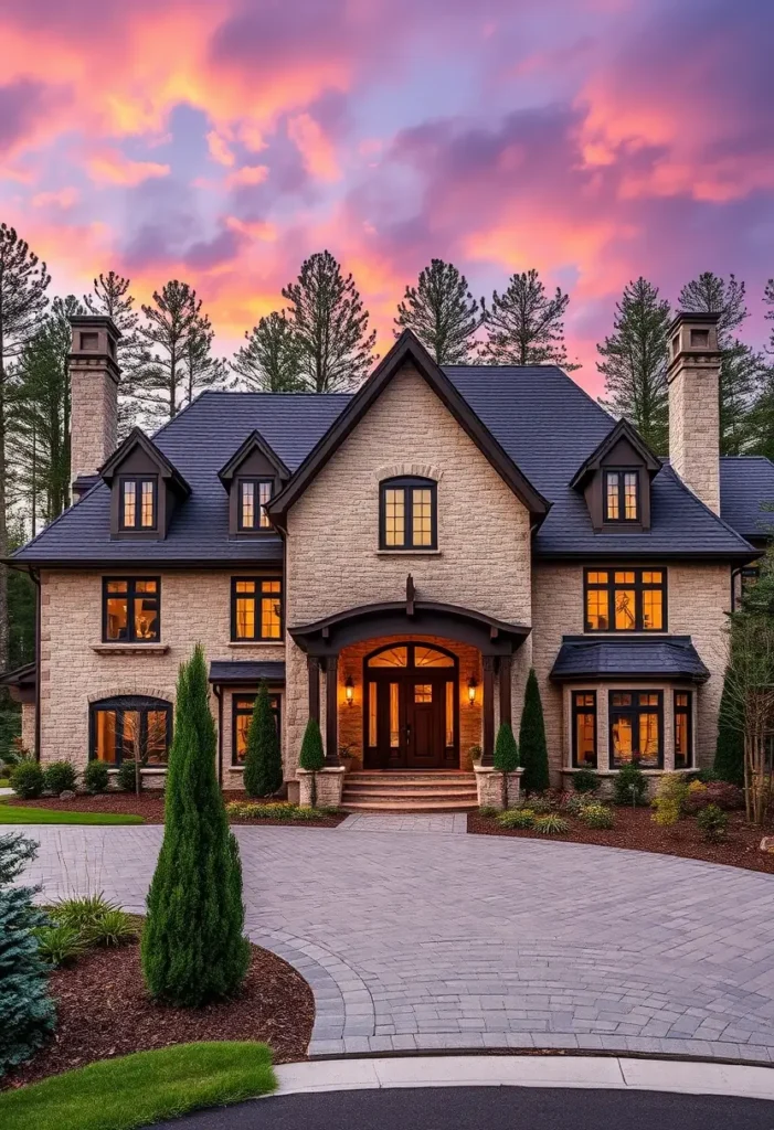 Luxury stone country house with glowing windows, arched entrance, and sunset backdrop.