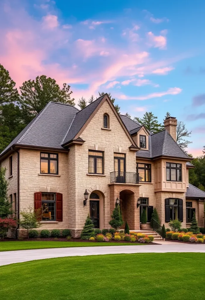 French-inspired luxury country house with stone facade, arched entryway, and balcony against a pastel sunset sky.