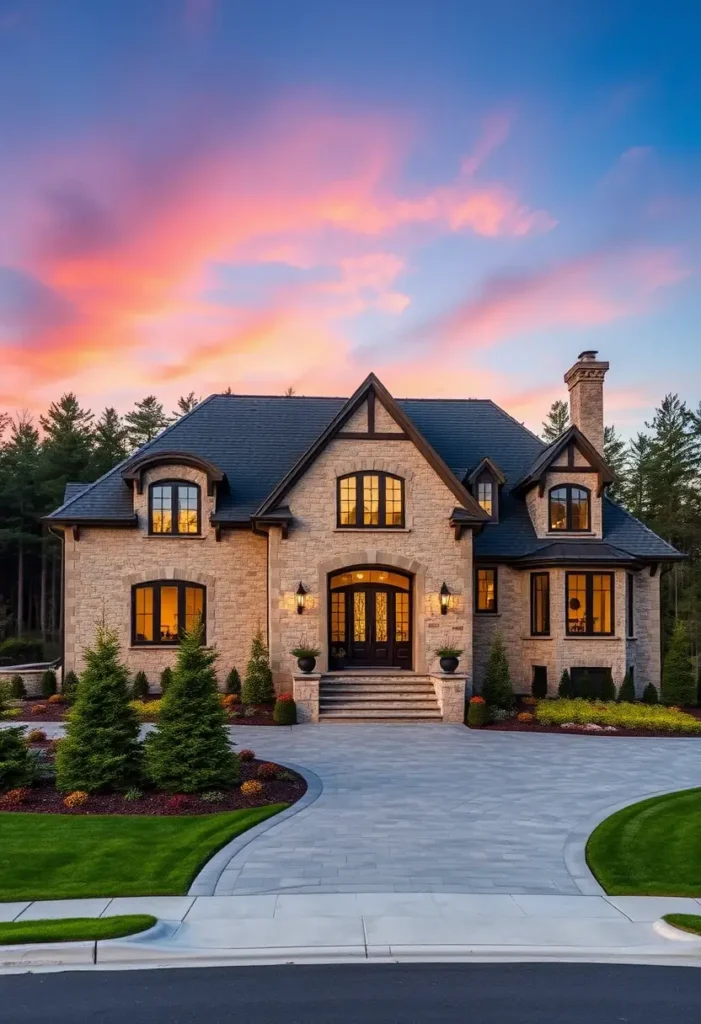 Luxury country house with a stone facade, warm glowing windows, and a vibrant sunset sky.