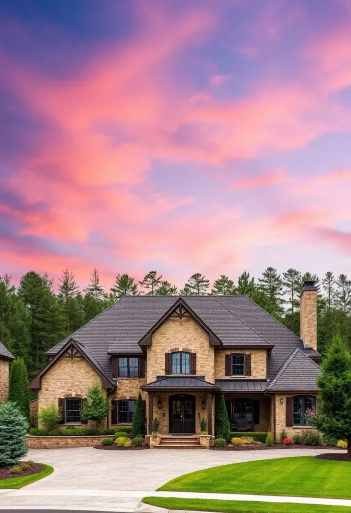 Elegant country house with rustic shutters, warm stone facade, and a vibrant pink sunset.